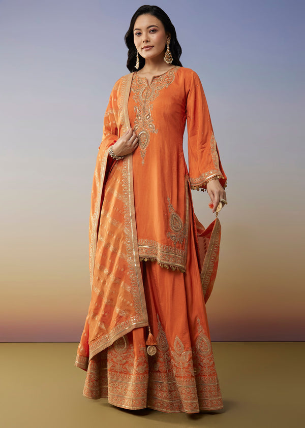 Orange Silk Palazzo Suits with Zari Work and Embroidery Detail