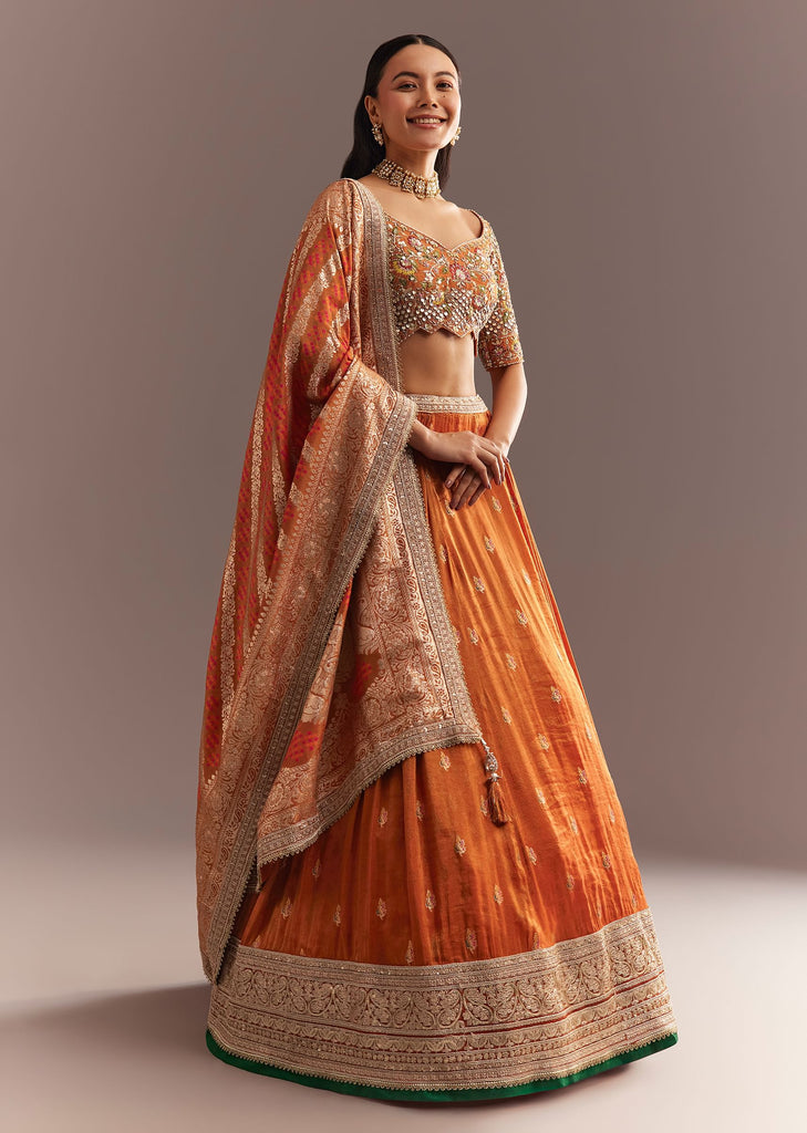 Orange Tissue Butti Embroidered Lehenga Choli And Woven Dupatta