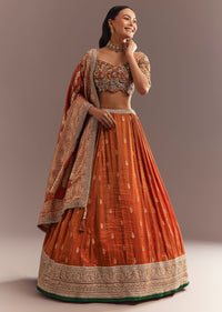 Orange Tissue Butti Embroidered Lehenga Choli And Woven Dupatta