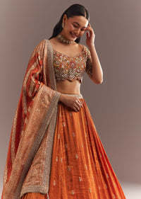 Orange Tissue Butti Embroidered Lehenga Choli And Woven Dupatta