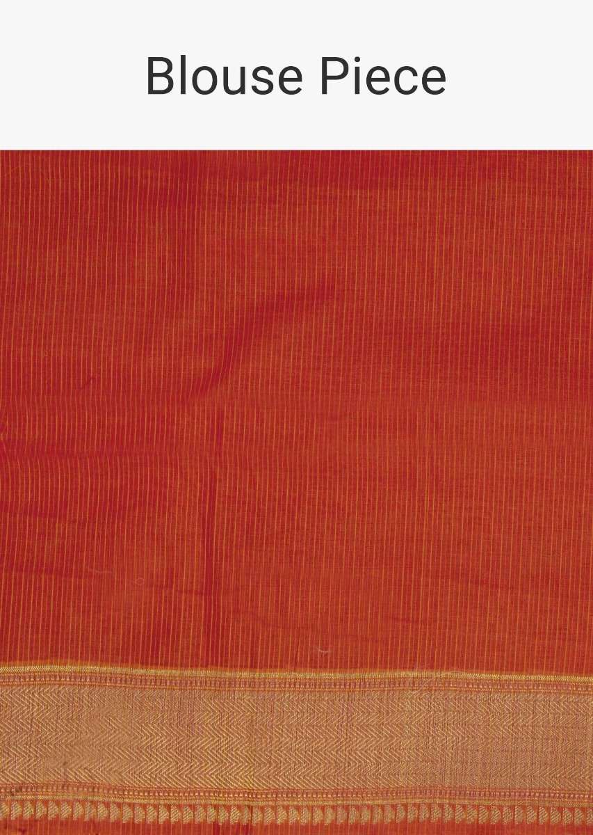 Orange tussar silk weaved saree in geometric motif 