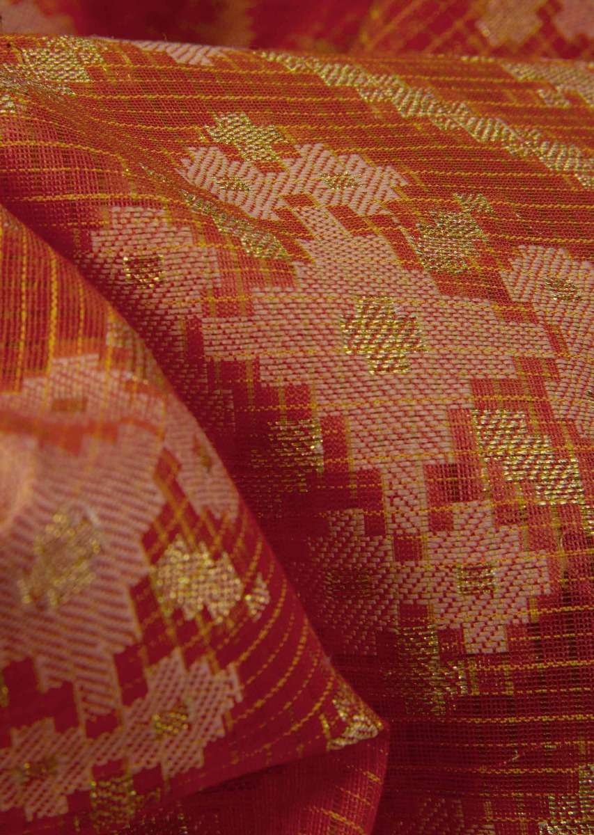 Orange tussar silk weaved saree in geometric motif 