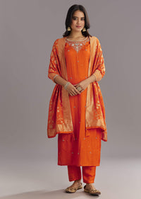 Orange Viscose Silk Kurta Set With Moti Beads and Cut Dana Detailing