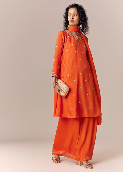 Orange Zari Work Anarkali Palazzo Set With Dupatta
