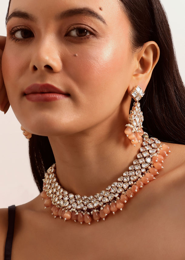 Orange And Gold Kundan Choker Set In Mix Metal