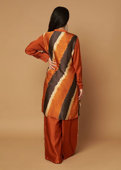 Rust Orange Cotton Silk Tie-Dye Top With Palazzo