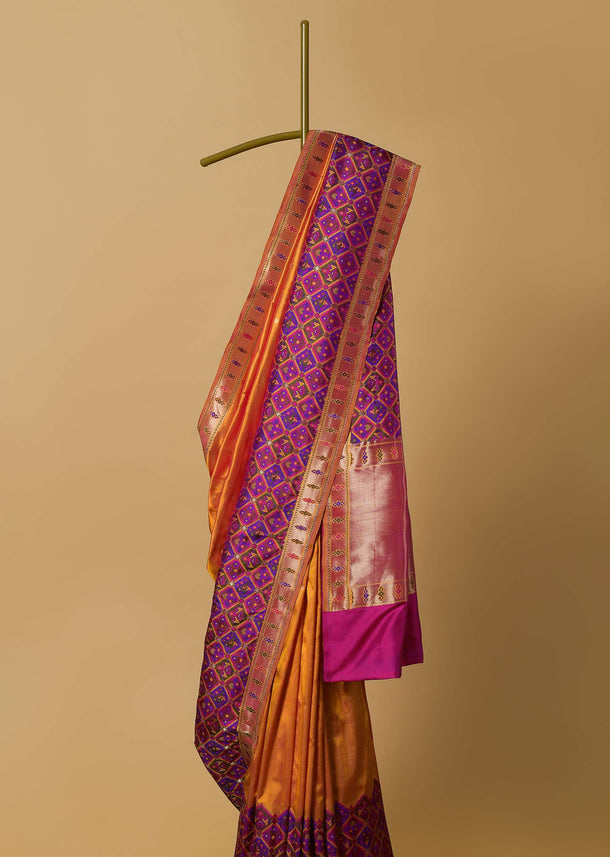 Orange And Pink Banarasi Ikat Patola Weave Saree With Unstitched Blouse Piece