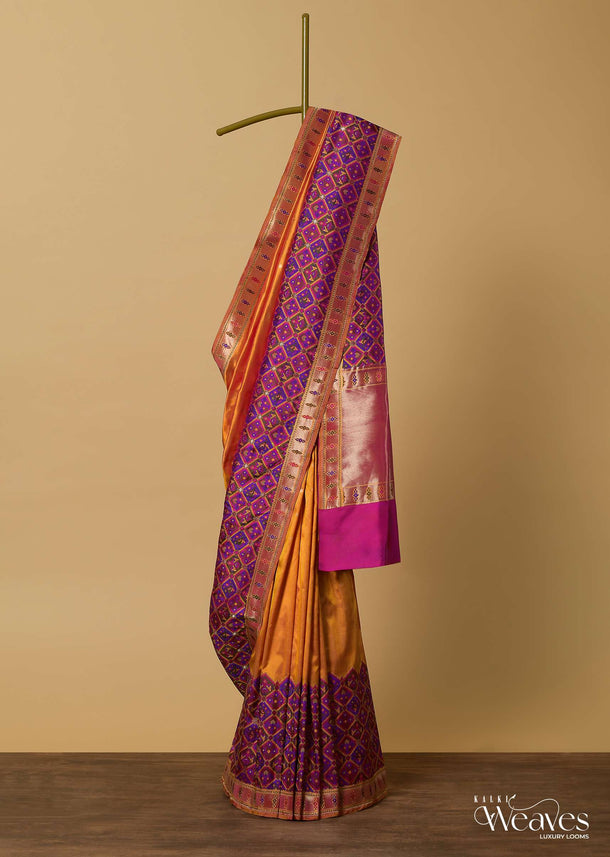 Orange And Pink Banarasi Ikat Patola Weave Saree With Unstitched Blouse Piece