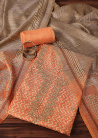 Orange Batik Print Gotta Patti Embroidery Tussar Unstitched Dress Material