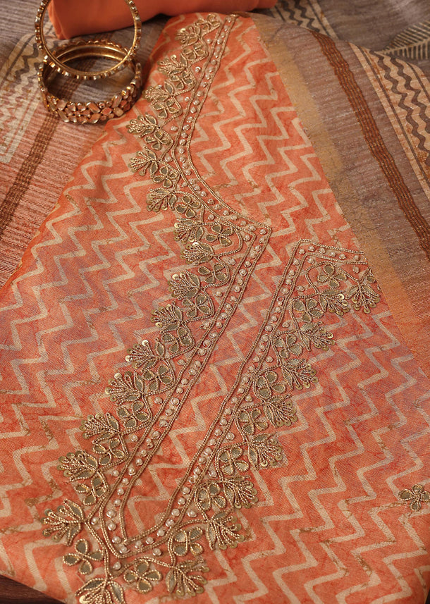 Orange Batik Print Gotta Patti Embroidery Tussar Unstitched Dress Material
