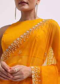 Orange Beads Embroidered Organza Saree With Unstitched Blouse