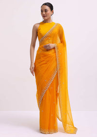 Orange Beads Embroidered Organza Saree With Unstitched Blouse