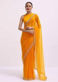 Orange Beads Embroidered Organza Saree With Unstitched Blouse