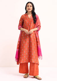 Orange Block Printed Chanderi Kurta Palazzo Set