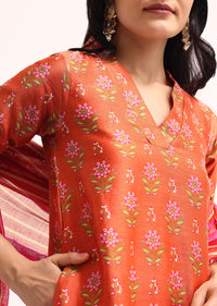 Orange Block Printed Chanderi Kurta Palazzo Set