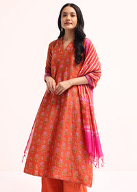 Orange Block Printed Chanderi Kurta Palazzo Set