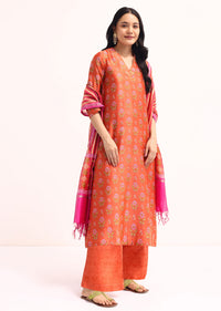 Orange Block Printed Chanderi Kurta Palazzo Set
