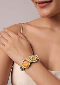 Orange Bracelet With Geometric Motifs And Studded Kundan Polki