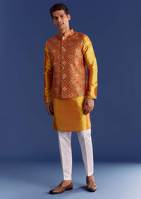 Orange Brocade Kurta Jacket Set With Geometric Print