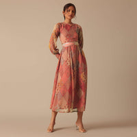 Orange Chiffon Printed Kurta With Embellished Belt