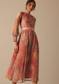 Orange Chiffon Printed Kurta With Embellished Belt