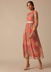 Orange Chiffon Printed Kurta With Embellished Belt