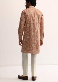 Orange Cotton Silk Embroidered Kurta Set For Men