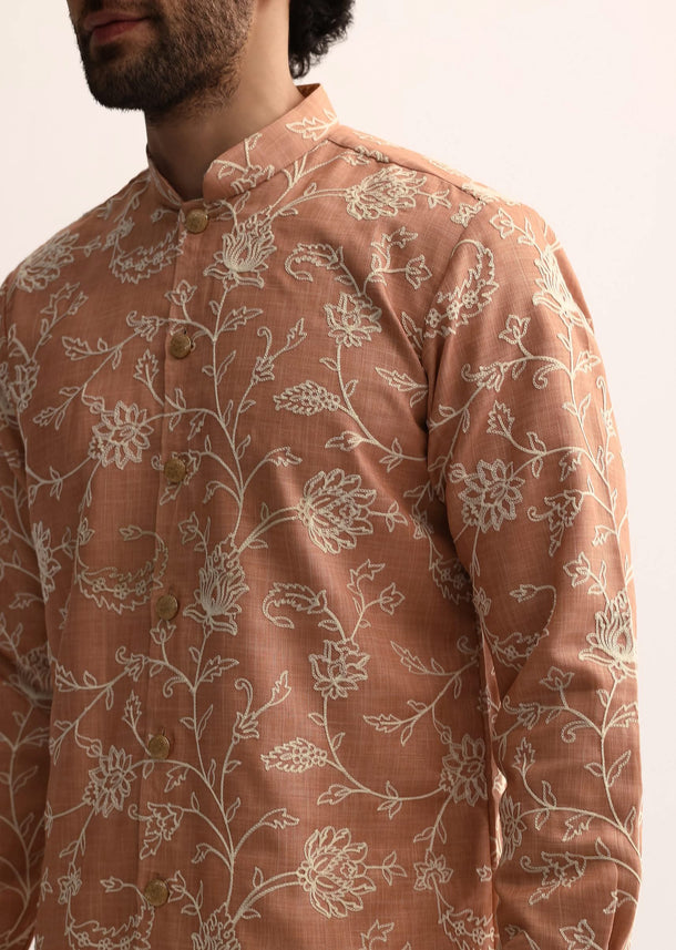 Orange Cotton Silk Embroidered Kurta Set For Men