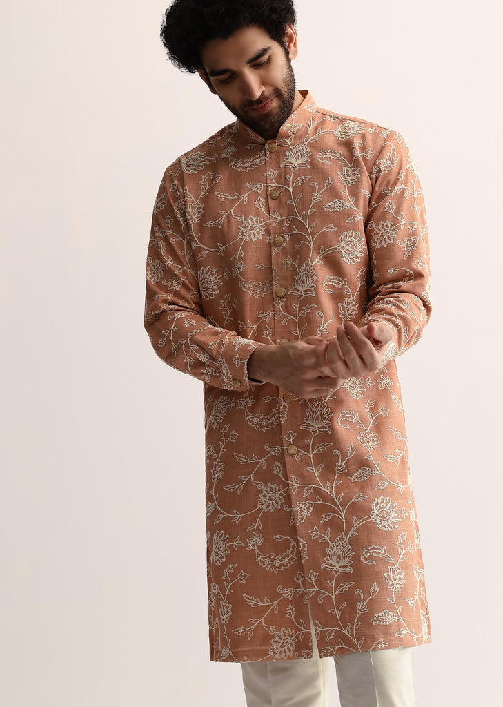 Orange Cotton Silk Embroidered Kurta Set For Men