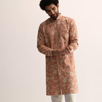 Orange Cotton Silk Embroidered Kurta Set For Men