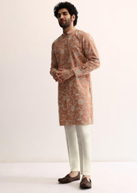 Orange Cotton Silk Embroidered Kurta Set For Men