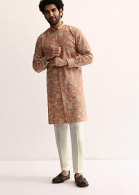 Orange Cotton Silk Embroidered Kurta Set For Men