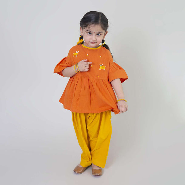 Kalki Girls Orange Dhoti Suit With Phulkari Inspired Deer Motifs By Tiber Taber