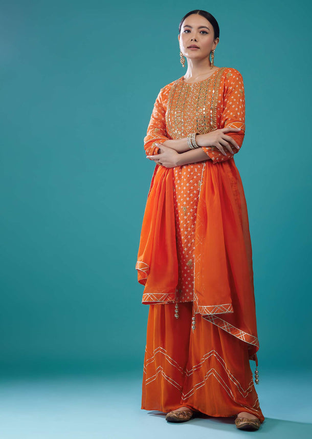 Carrot Orange Embroidered Bandhani Palazzo Set In Silk