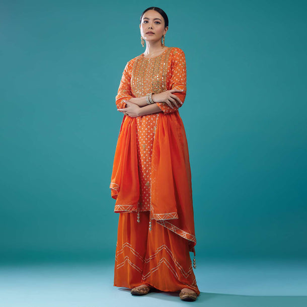 Carrot Orange Embroidered Bandhani Palazzo Set In Silk