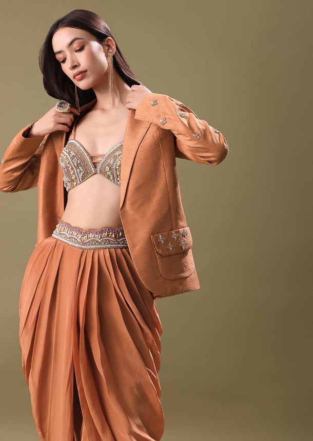 Orange Embroidered Blouse With Dhoti And Jacket