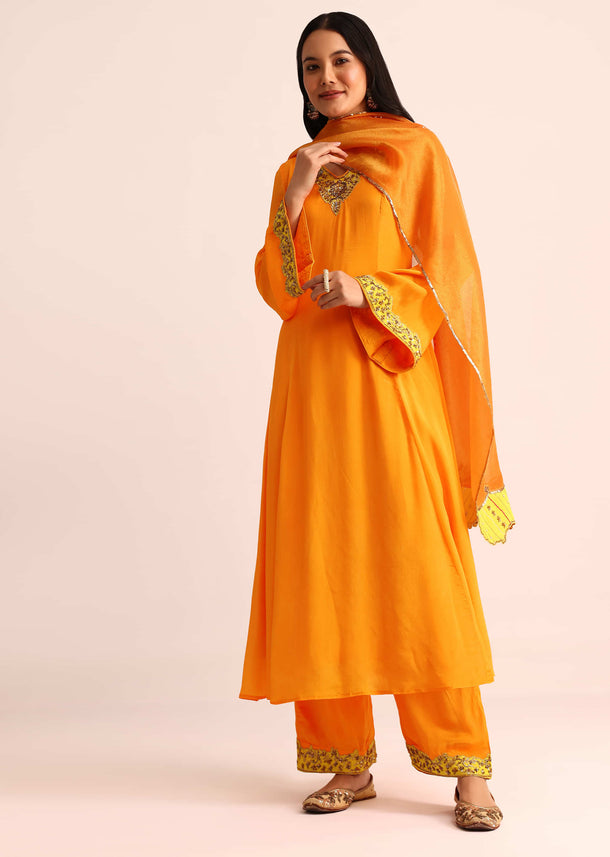 Orange Embroidered Chiffon Kurta Palazzo Set