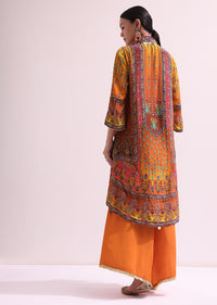 Orange Embroidered Kurta Palazzo Set With Potli