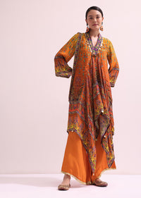 Orange Embroidered Kurta Palazzo Set With Potli