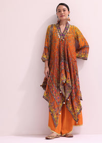 Orange Embroidered Kurta Palazzo Set With Potli