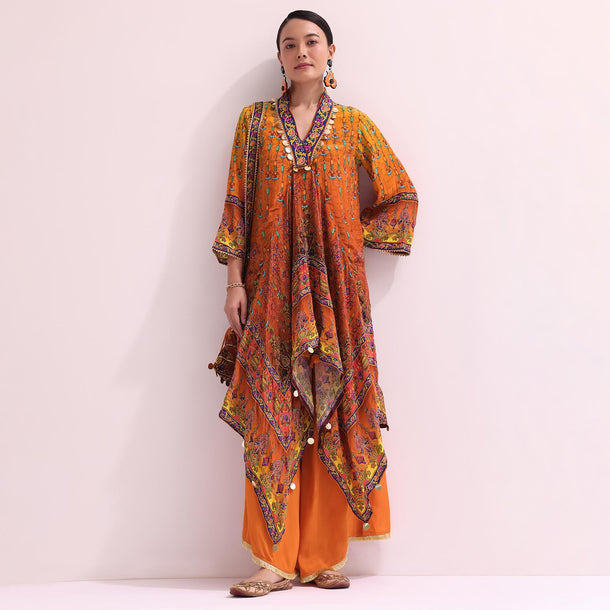 Orange Embroidered Kurta Palazzo Set With Potli