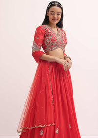 Orange Embroidered Organza Lehenga Choli Set