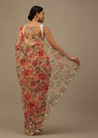 Orange Embroidered Organza Saree With Floral Print And Scallop Borders