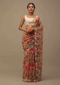 Orange Embroidered Organza Saree With Floral Print And Scallop Borders