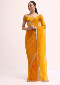 Orange Embroidered Organza Saree With Unstitched Blouse