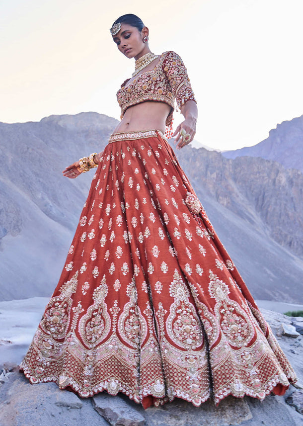 Orange Embroidered Silk Lehenga With Two Dupattas