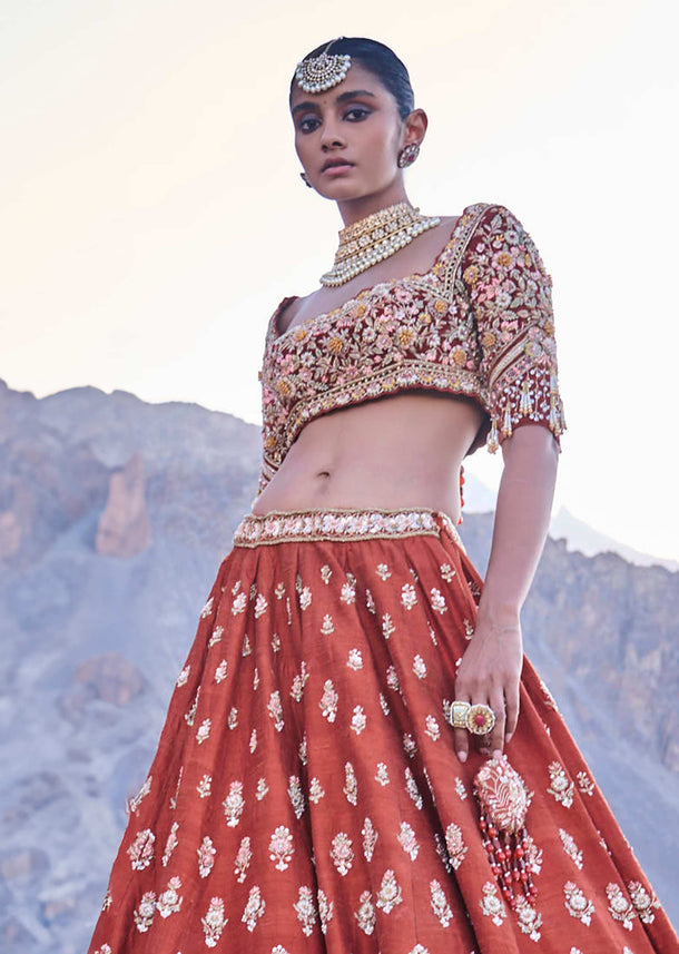 Orange Embroidered Silk Lehenga With Two Dupattas