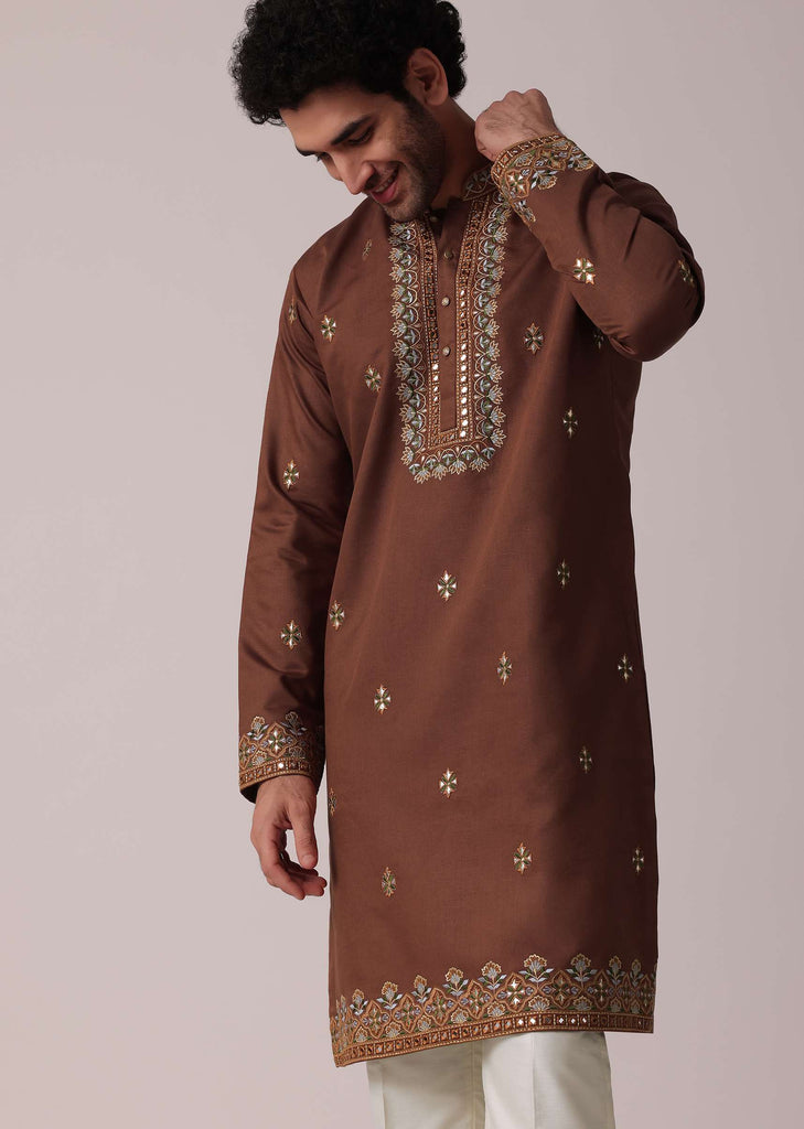 Orange Festive Linen Kurta Set For Men