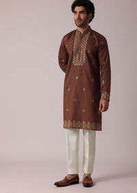 Orange Festive Linen Kurta Set For Men