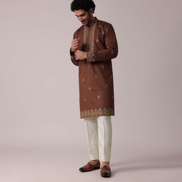 Orange Festive Linen Kurta Set For Men